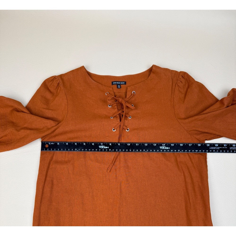 Who What Wear XS Dress Boho Linen Blend Burnt Orange Lace Up Puff Sleeve - Picture 6 of 9